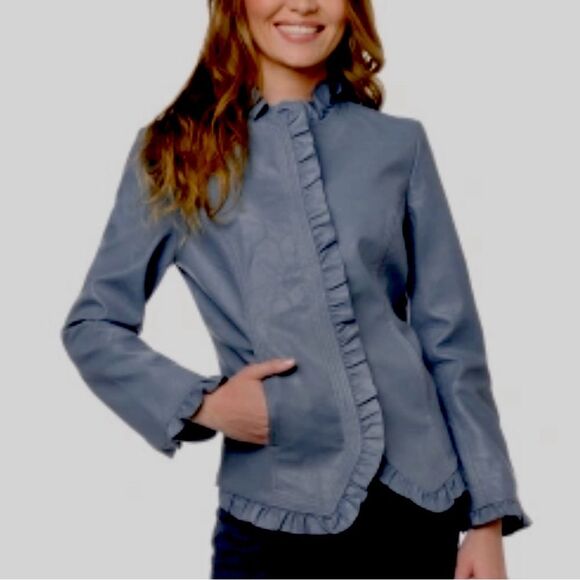 Hot In Hollywood Slate Faux Leather Ruffle Cottagecore Academia Jacket Blazer L - Picture 9 of 16